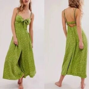 Green Floral open back free people jumpsuit L romper $128 wide leg sleeveless